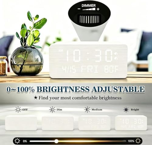 premium white wooden digital alarm clock with wireless showing dimensions