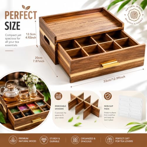 Acacia Wood Tea Bag Organizer 8 Compartment Storage Box & Organizer with ...