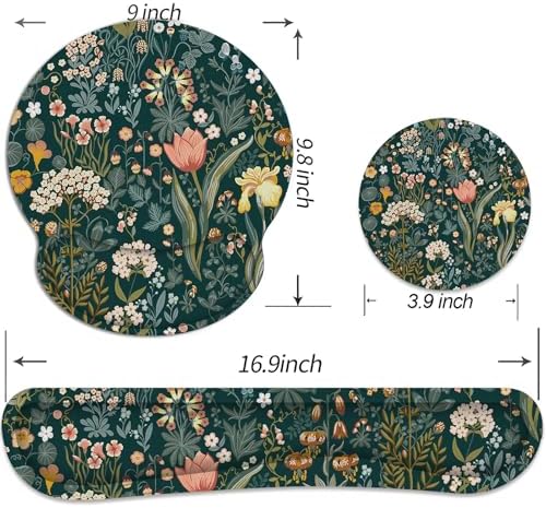 Ergonomic Mouse Pad with Wrist Rest and Keyboard Wrist Rest, Mousepad | Memory Foam Wrist Rest for Computer Keyboard, Pain Relief, Non-Slip Base, Mouse Pad Wrist Support for Gaming, Green Flowers