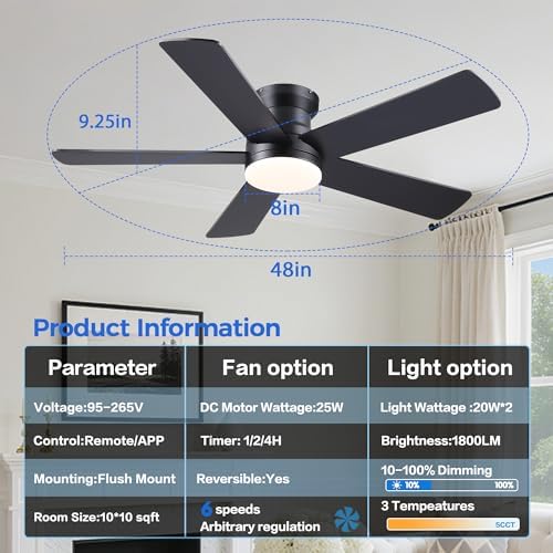 ayaoty ceiling fans with lights - 48" black, side view