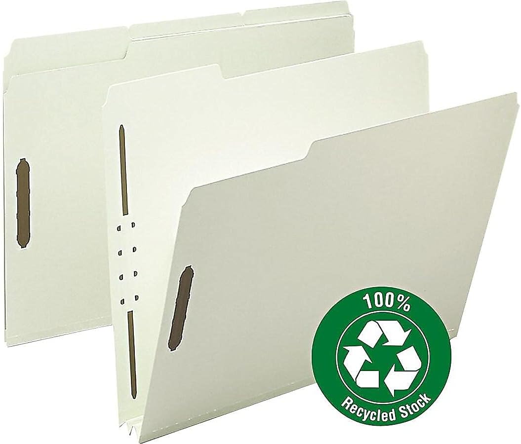 Smead 100% Recycled Pressboard Fastener File Folder, 2 Fasteners, 1/3-Cut Tab, 2" Expansion, Letter Size, Gray/Green, 25 per Box (15004)