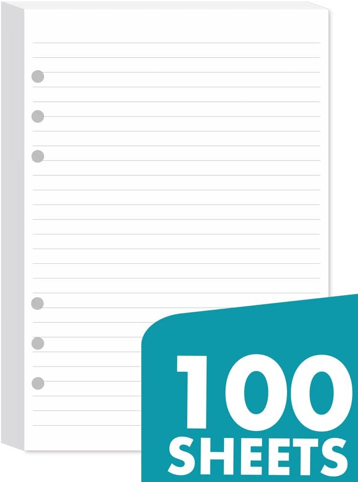 A5 Lined Paper 6-Hole Punched, 100 Sheets (200 Pages), Compatible with Filofax A5 Organizer, 100gsm, White