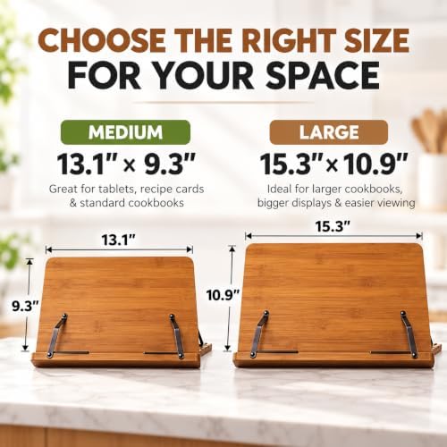 Bamboo Cookbook Stand Large, Adjustable Book Holder Tray and Page Paper Clips...
