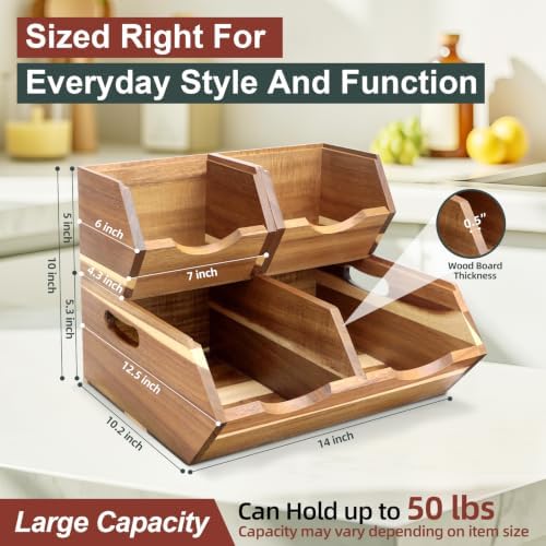 acacia wood pantry storage bins, stackable 3-piece set, side view