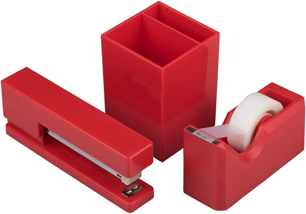 JAM PAPER Desk Trio Pack - Red - Stapler, Tape Dispenser & Pen Holder - 3...
