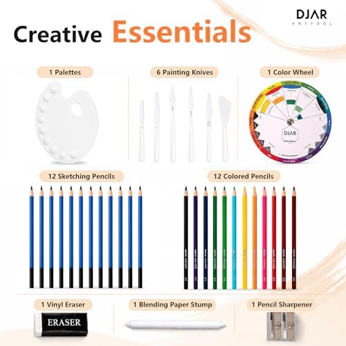djar 87 pcs acrylic paint set with tabletop showing dimensions