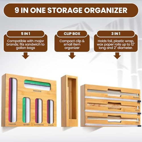 9-in-1 Bamboo Kitchen Drawer Organizer - Storage Bag Holder with Built-In Foi...