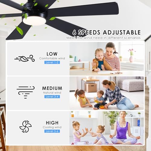 asyko 46"black 6-blade modern low profile ceiling fan, side view