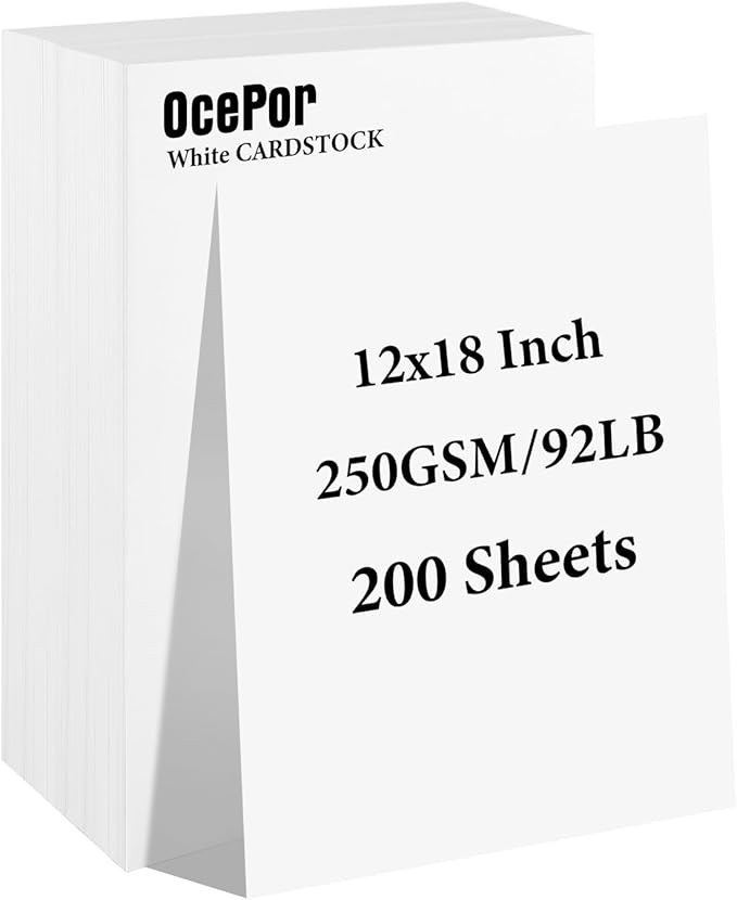 OcePor 200 Sheets White Cardstock 12” x 18”, 92lb/250gsm Black Card Stock by OcePor