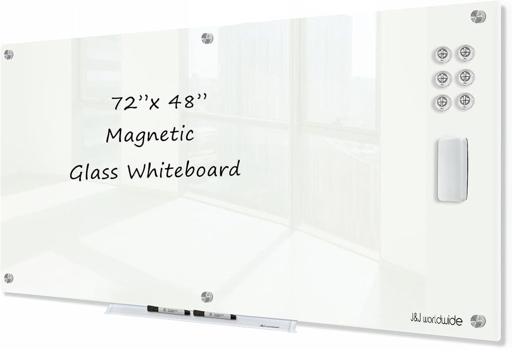 J&J worldwide Magnetic Glass Whiteboard 6' x 4', Large Frameless White Boards