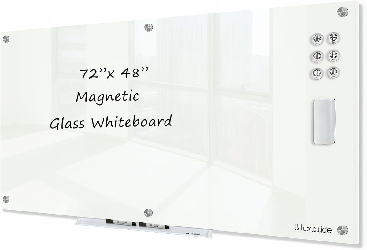 J&J worldwide Magnetic Glass Whiteboard 6' x 4', Large Frameless White Boards