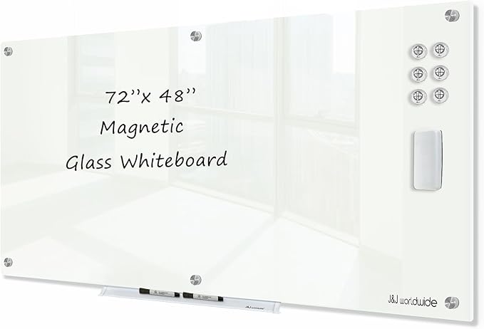 J&J worldwide Magnetic Glass Whiteboard 6' x 4', Large Frameless White Boards by JJworldwide