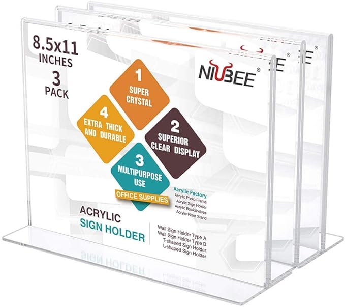 NIUBEE Acrylic Sign Holder 8.5x11 Inches 3 Pack Horizontal, T Shape Double by NIUBEE
