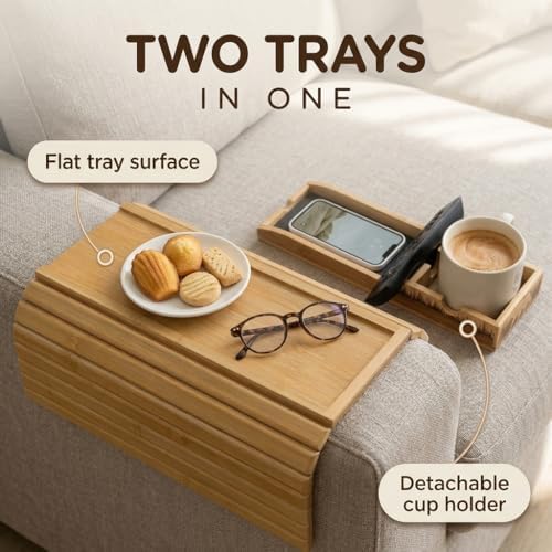 Bamboo Couch Armrest Table, 2-in-1 Foldable Sofa Arm Tray with Scratch-Free P...
