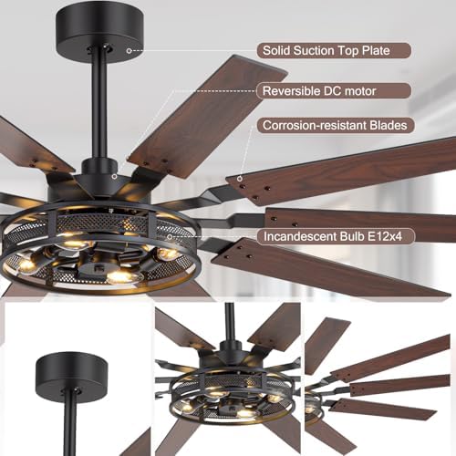 60 inch farmhouse ceiling fans with rustic lights showing dimensions