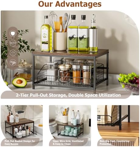 KLM Pull Out Spice Rack Organizer for Cabinet,Rustic Wood Top with Wire Baske...