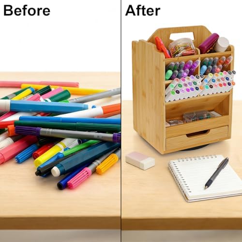 soujoy bamboo pen holder organizer, 360°rotating art supply, package contents