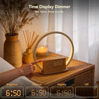 wood grain alarm clock with sunrise lamp & on a desk or shelf