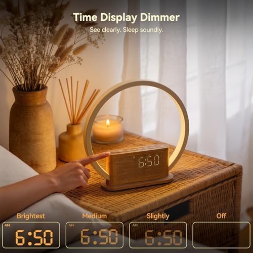 wood grain alarm clock with sunrise lamp & on a desk or shelf