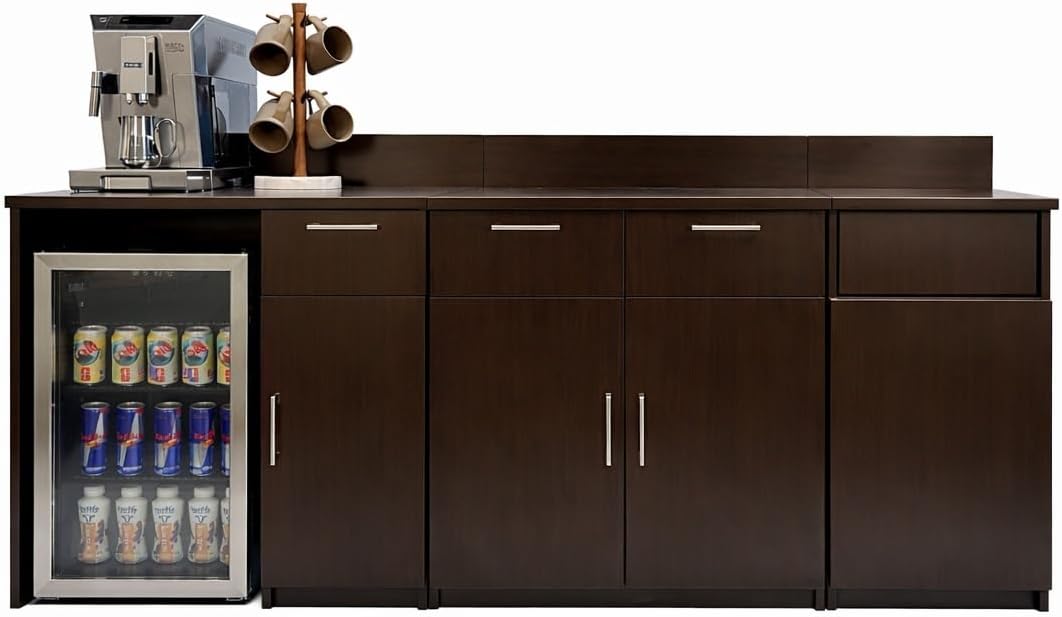 BREAKtime Breakroom Cabinet with Mini Fridge Space, Door Storage and Trash Bin, Office Coffee Station, Fully Assembled, 90" W x 24" D x 36" H, Appliances Not Included