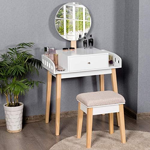 GIANTEX Vanity Table Set with Height Adjustable Round Mirror, Makeup Mirrored...
