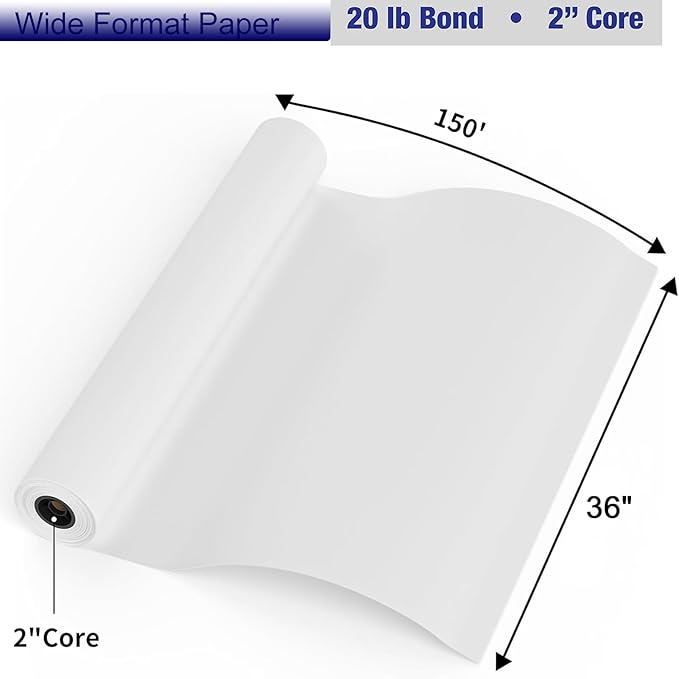 FungLam Wide Format Paper, 24 in x 150 ft Plotter Paper, 2 Rolls CAD Bond Rolls - Image 2