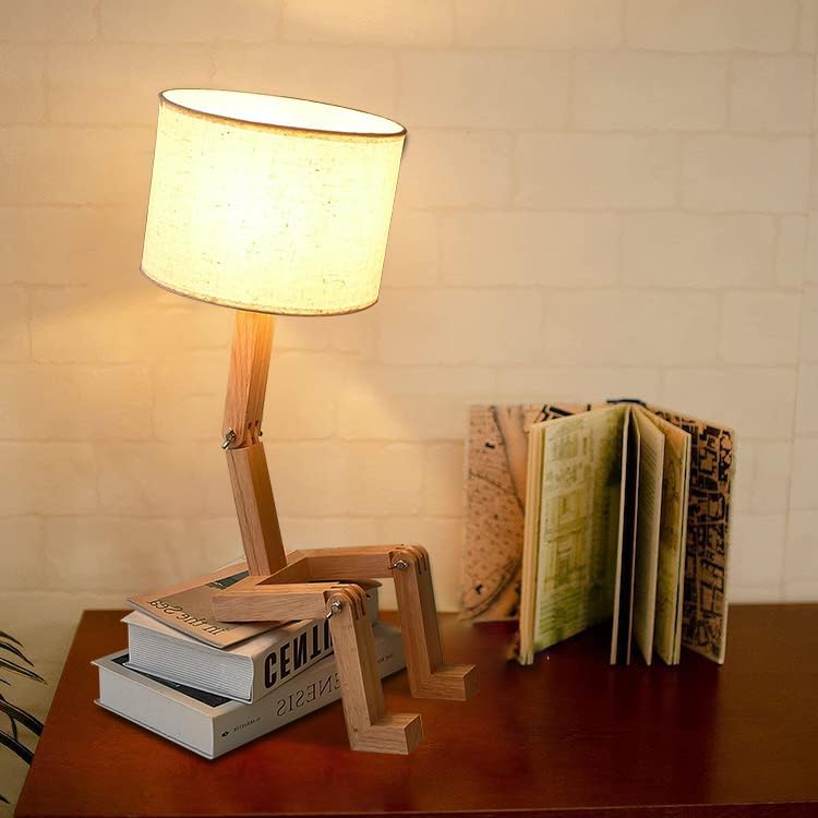 Robot Table Lamp,Cute Bedside Light,Adjustable Wood Arms and Legs,Cute Desk L...