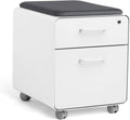 Poppin Mobile Mini Sittable Stow Rolling File Cabinet - White with Dark Gray Seat Cushion. Two Locking Drawers and One Key Lock. Two Keys Included. One Utility Drawer and One Hanging File Drawer