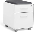 Poppin Mobile Mini Sittable Stow Rolling File Cabinet - White with Dark Gray Seat Cushion. Two Locking Drawers and One Key Lock. Two Keys Included. One Utility Drawer and One Hanging File Drawer