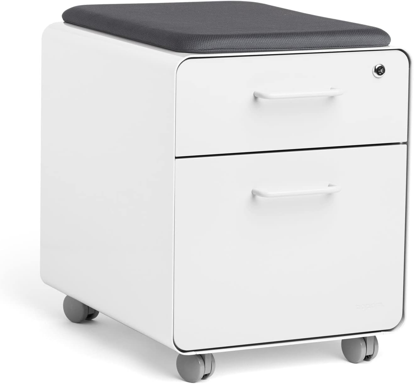 Poppin Mobile Mini Sittable Stow Rolling File Cabinet - White with Dark Gray Seat Cushion. Two Locking Drawers and One Key Lock. Two Keys Included. One Utility Drawer and One Hanging File Drawer
