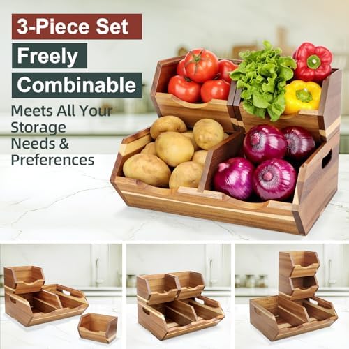 acacia wood pantry storage bins, stackable 3-piece set, close-up detail