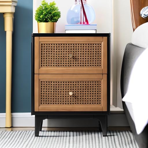 COZAYH - 2 Drawer Boho Nightstand - Black Farmhouse Bedside Table