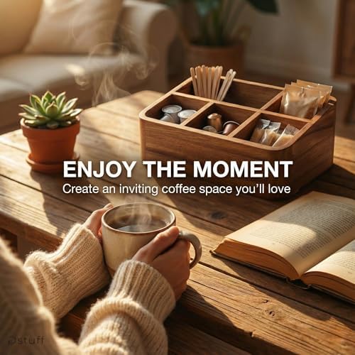 dstuff acacia wood coffee station organizer for countertop on a desk or shelf