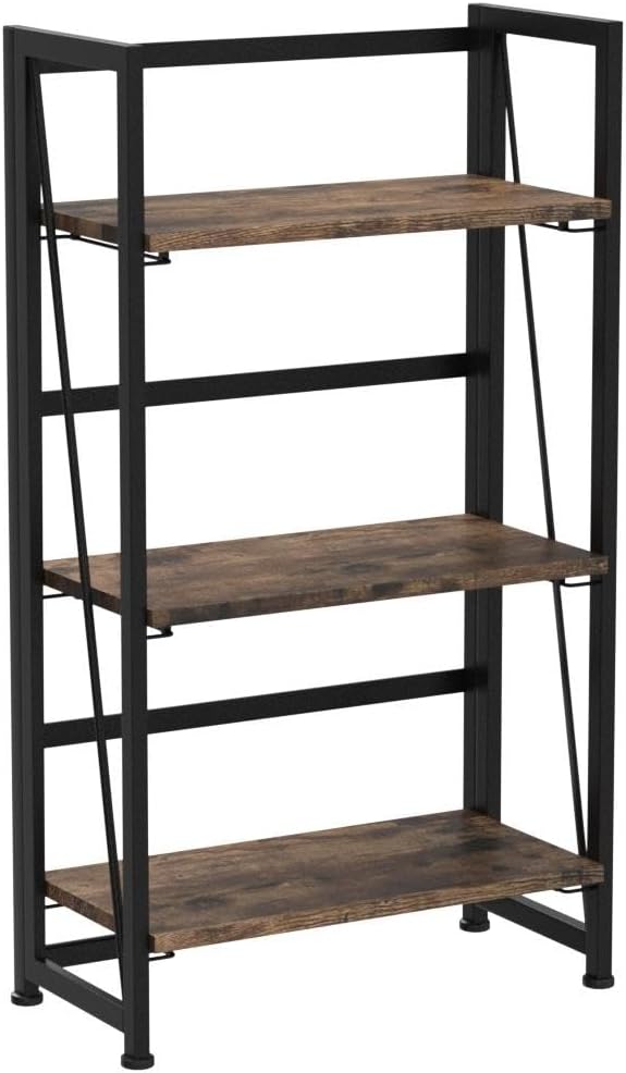 4NM No Assembly Folding Bookshelf Storage Shelves 3 Tiers Vintage Bookcase - Image 5