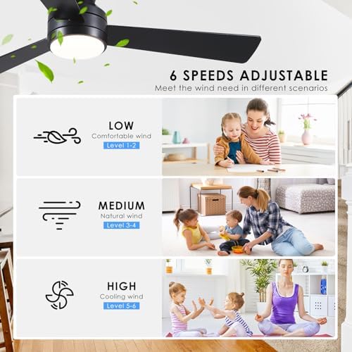 46"black modern low profile ceiling fans with led showing dimensions