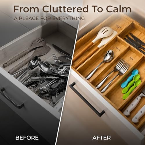 Expandable Bamboo Drawer Organizer for Kitchen Utensils, Adjustable Silverwar...