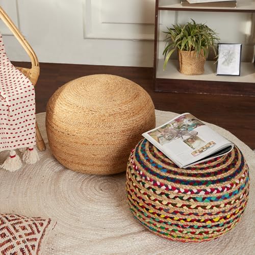 · REDEARTH · Jute Braided Pouf - Circular Boho Foot Stool - Multi, Set of 2