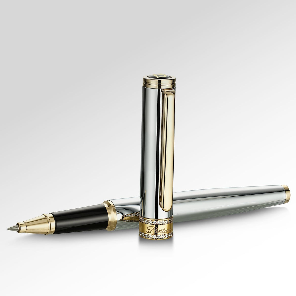 BEILUNER Silver Chrome Rollerball Pen, Diamond-Studded Cap Design, 24K Gold T...