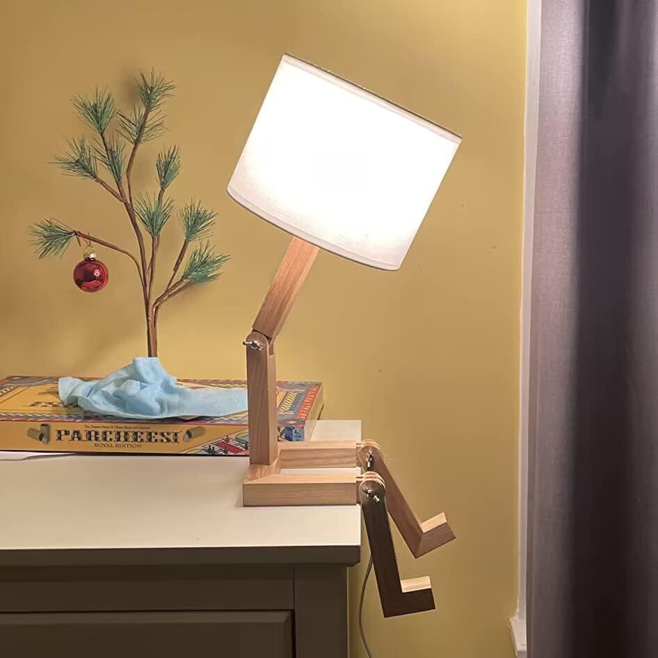 Robot Bedside Lamp, Fabric Lampshade Match Foldable Solid Wood Body, Creative...