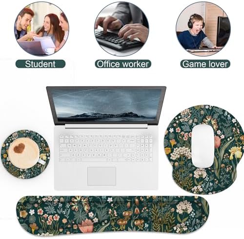 Ergonomic Mouse Pad with Wrist Rest and Keyboard Wrist Rest, Mousepad | Memory Foam Wrist Rest for Computer Keyboard, Pain Relief, Non-Slip Base, Mouse Pad Wrist Support for Gaming, Green Flowers