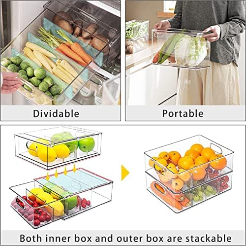 2Pack Stackable Fridge Drawers Pull-Out Bins Divided Produce Saver Containers...