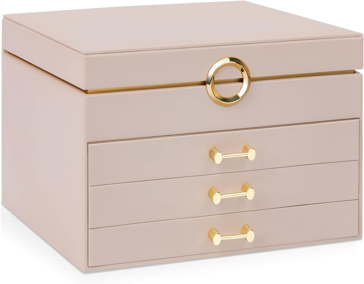 Large Jewelry Box, 4-Layer Leather Organizer, Apricot