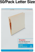 Staples End-Tab Fastener Folder, Letter Size, Manila, 50/Box | Reinforced tab and durable pressboard construction for secure document filing.