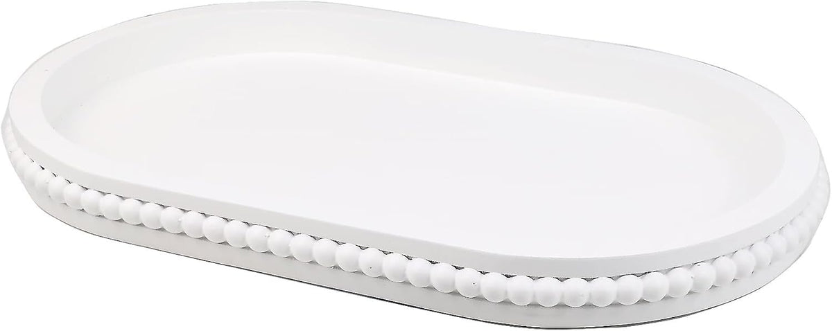 Hrastany White Oval Wood Coffee Table Serving Tray with Beads for Ottoman