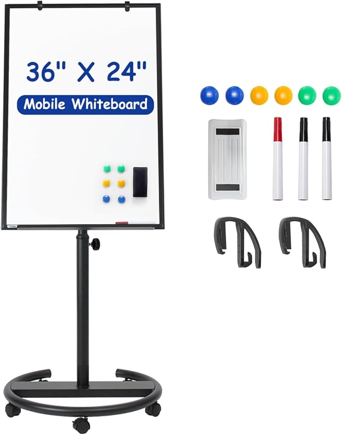 Mobile Whiteboard, 36” x 24” Magnetic Portable White Board on Wheels, Height by Tankee