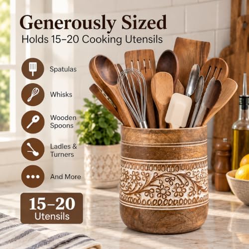 Mie Creations Farmhouse 7'' Large Wooden Utensil Holder, White Floral