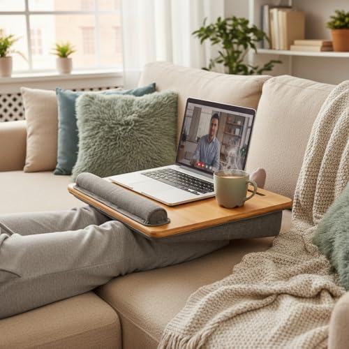 Bamboo Lap Desk for Laptop with Cushion Tablet Phone Holder Handle
