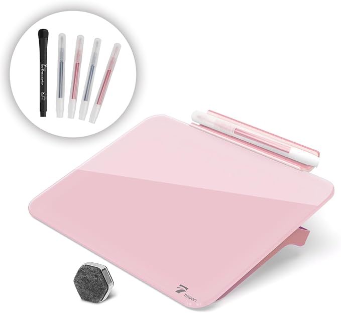 Pink Mini Desktop Pure Glass Whiteboard, Small Slope Slick Desk Whiteboard Glass by TOWON