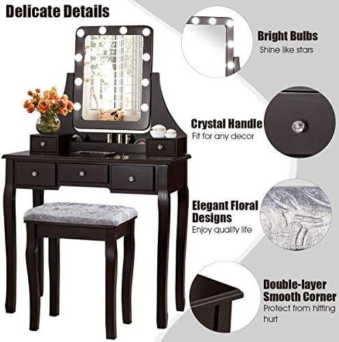 DORTALA Vanity Table Set w/ 360-Degree Rectangular Mirror & Cushioned Sto...