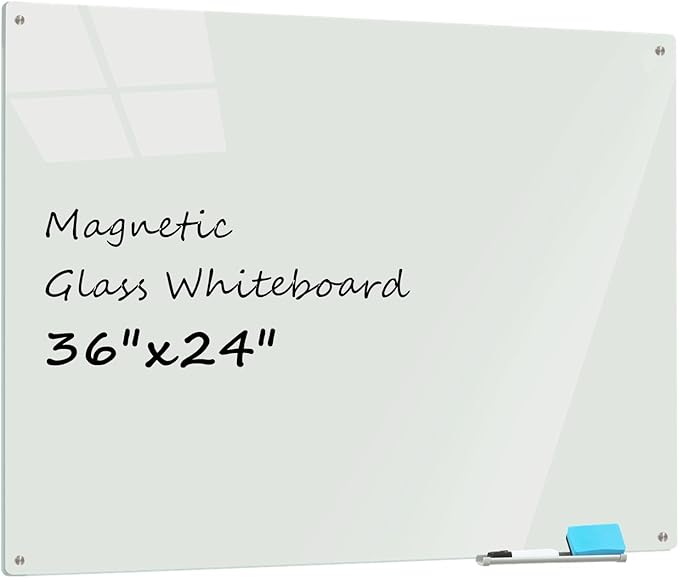 Magnetic Glass Dry Erase Whiteboard, 36 x 24 Inches Frameless Glass White Board by ATROSONIK